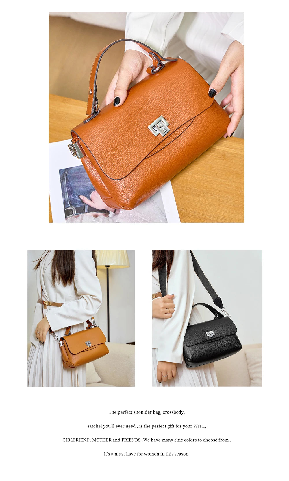 Zency Women's Genuine Leather Top-Handle Bag Simple Fashion Envelope Luxury Brand Shoulder Handbag Small Crossbody for Female