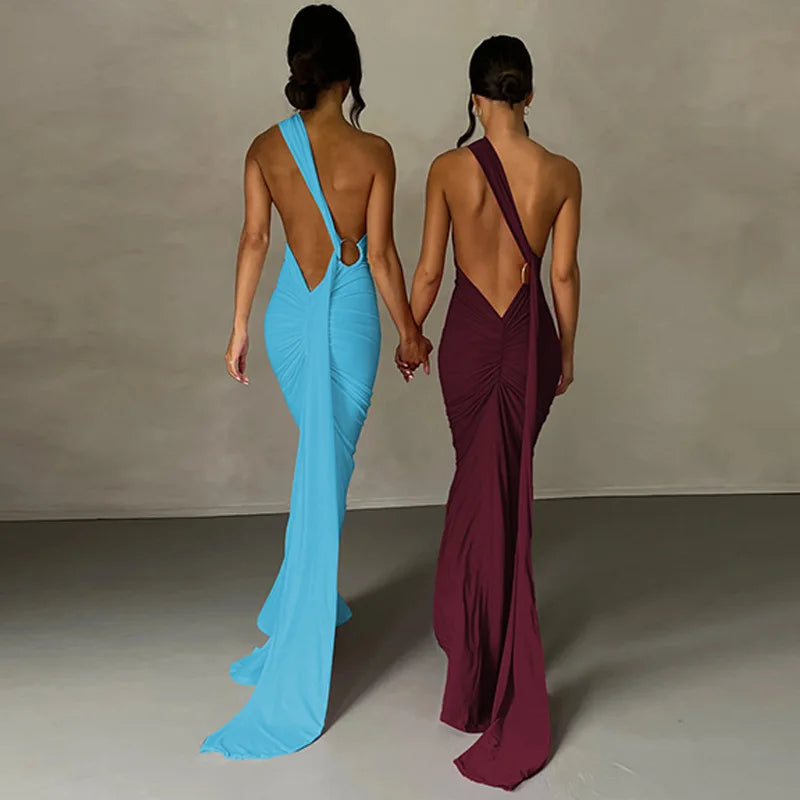 Vestido Longo de Cocktail Elegante Feminino para Festa, Costas Nuas, Abertura Costas, Com Pregas, Justo, Formal para Convidadas de Casamento