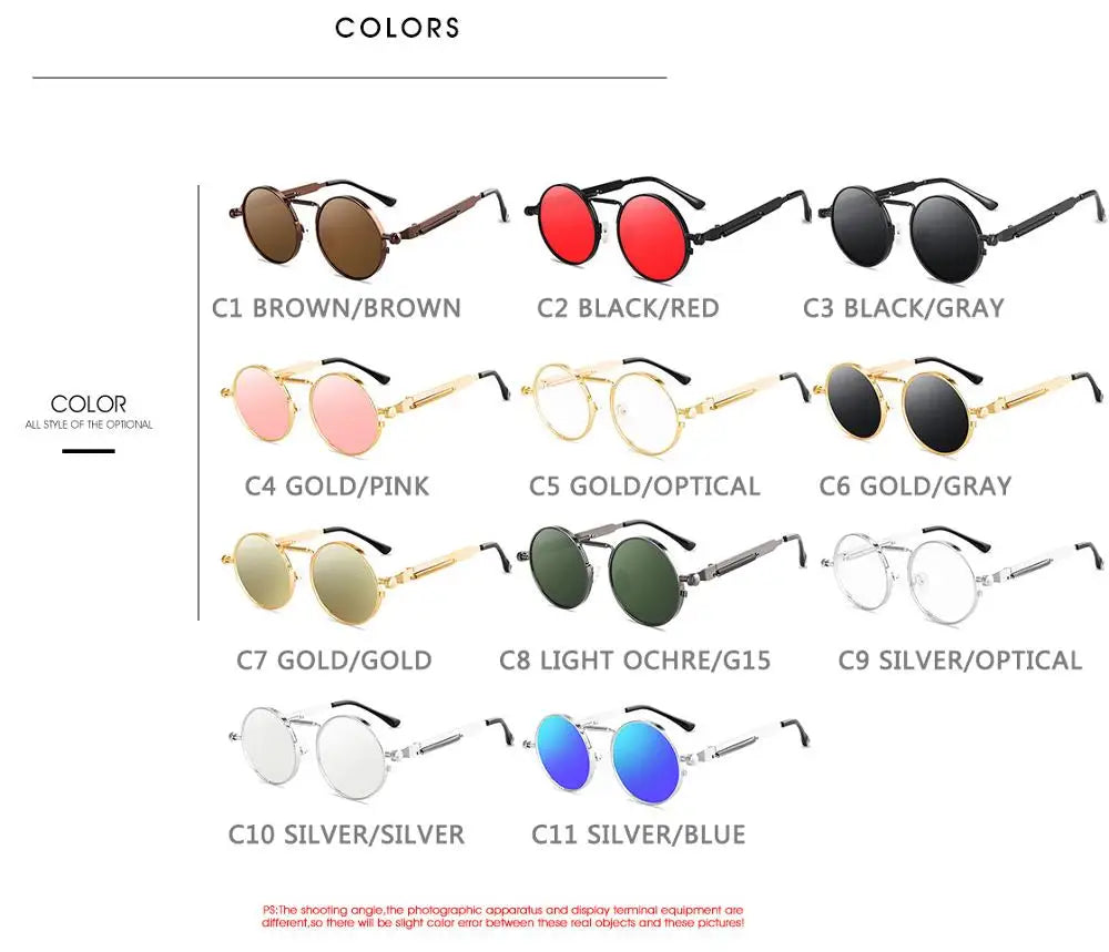 Óculos de sol estilo punk vintage para homens, armação redonda em metal, óculos de sol para mulheres, moda, eyewear, gafas de sol mulher UV400