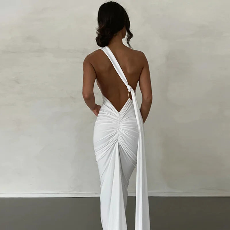 Vestido Longo de Cocktail Elegante Feminino para Festa, Costas Nuas, Abertura Costas, Com Pregas, Justo, Formal para Convidadas de Casamento