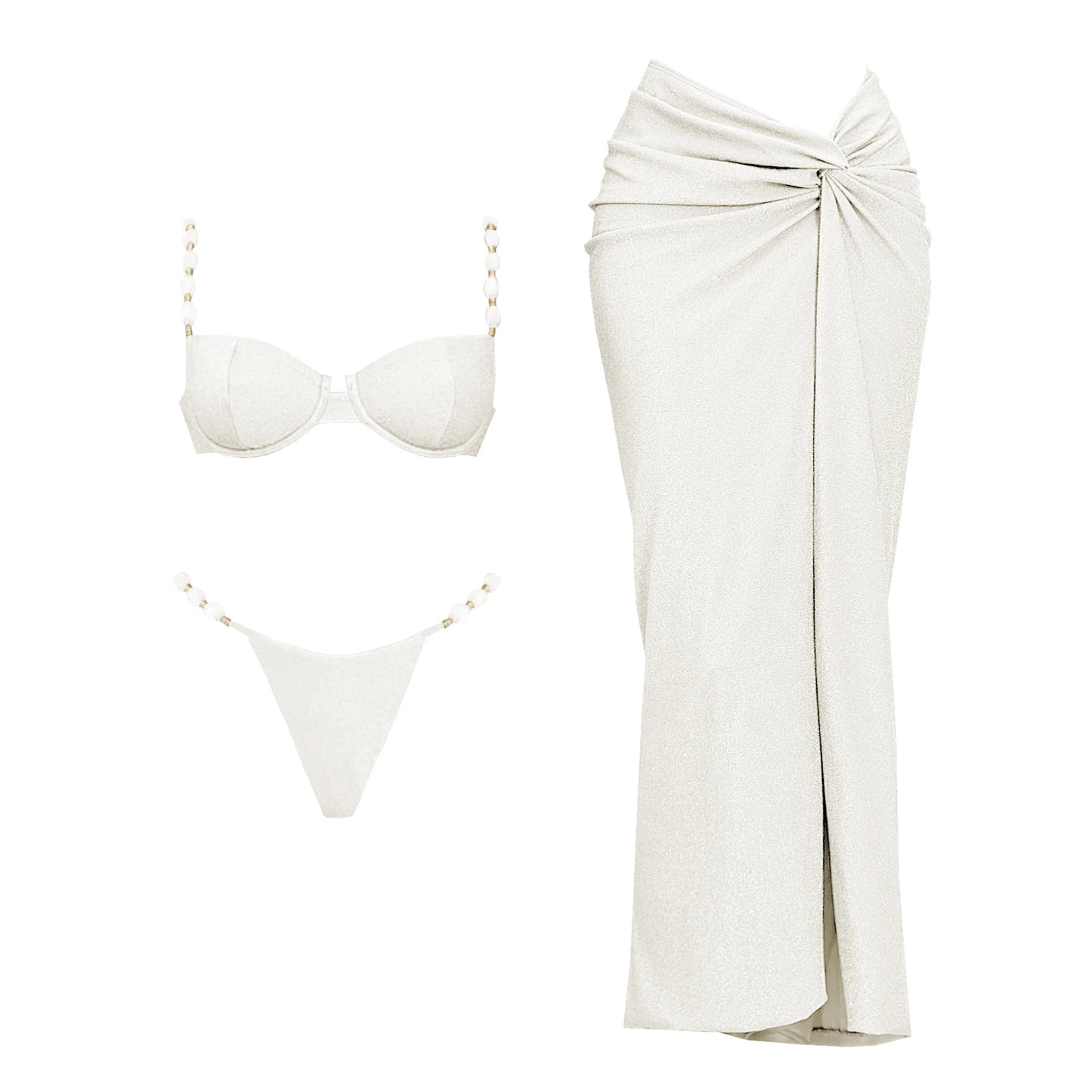 Conjunto de 3 peças de maiô push up com saia longa, sexy, moda feminina, biquíni com decote em V, macacão brilhante, roupa de banho e cobertor de praia.