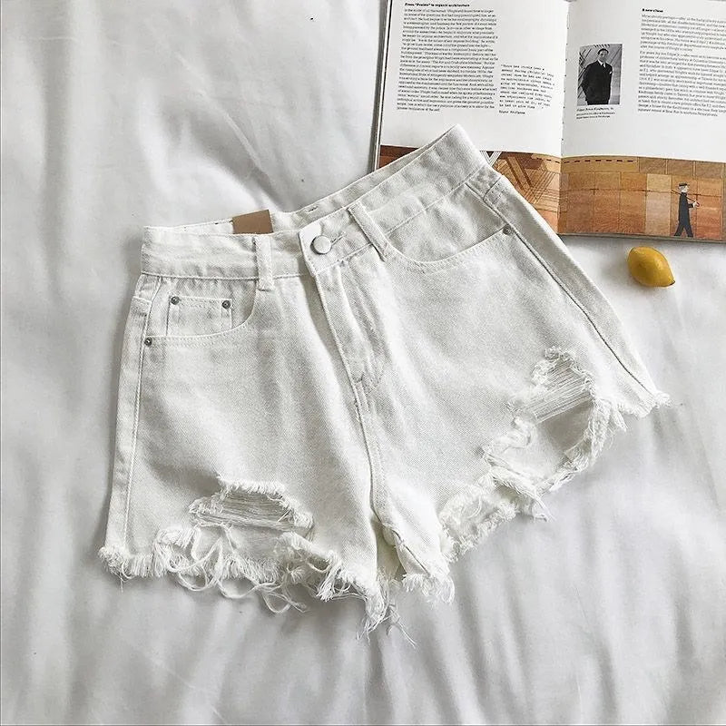 Shorts de Jeans Femininos em Denim Coreano Moda de Verão Casual Cintura Alta Jeans Rasgado com Bolso Tassel Y2K Hot Pants Streetwear Calças Azuis