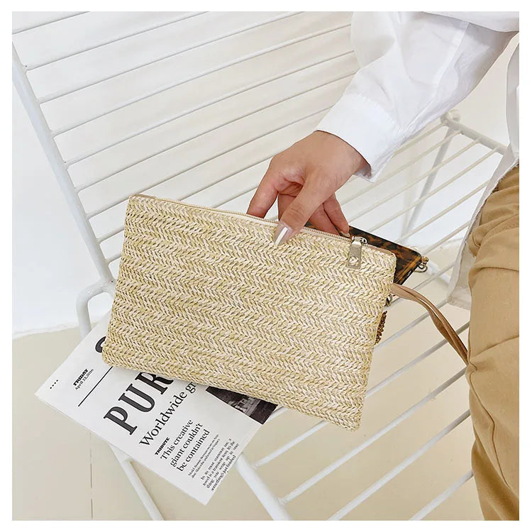 Weaving Bag Fashion Ladies Wristlet Clutch Women Daily Money Phone Clutch Solid Straw Woven Coin Purse Beach Wallet Card Holder