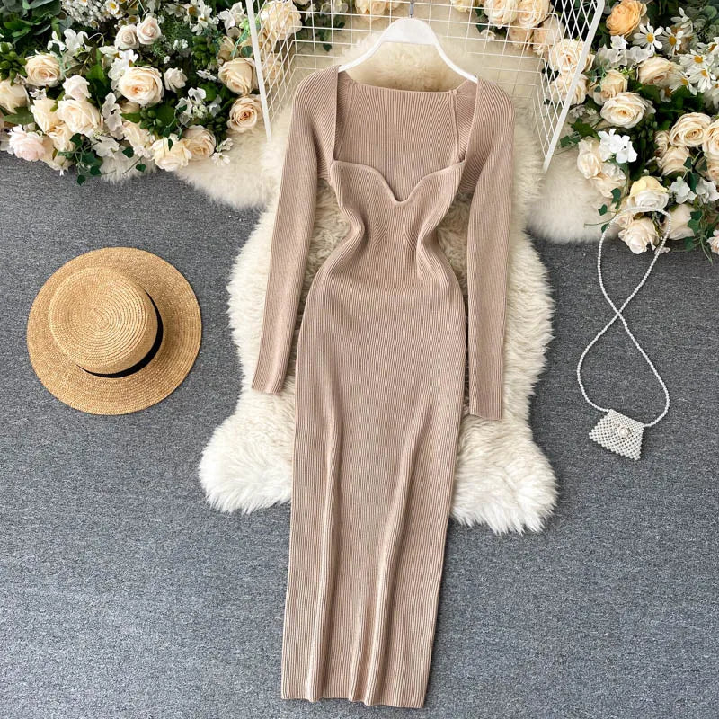 Vestidos para mulheres 2026 vestido justo sem alças em tricô canelado sexy, vestido de suéter midi de manga longa para o inverno