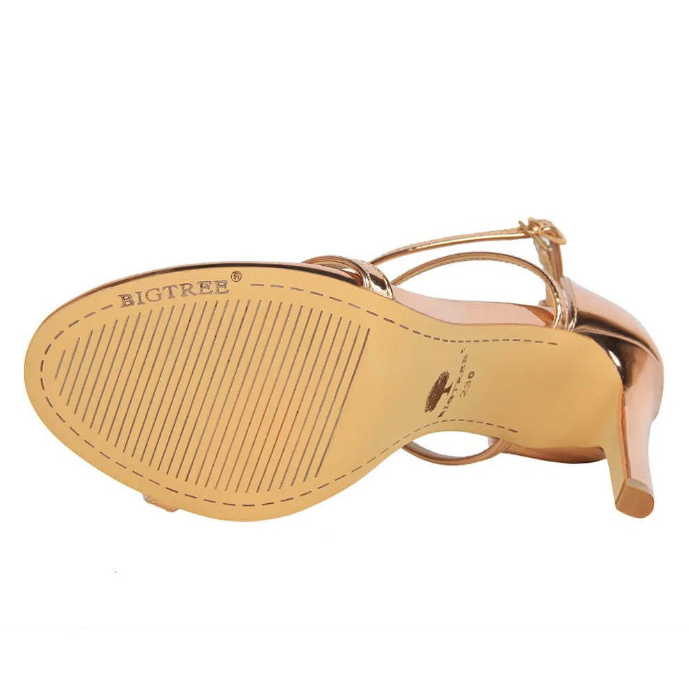 Sandálias gladiadoras femininas com salto alto de 8cm e 11cm, rasteirinhas de verão, sapatos stiletto de stripper em ouro champanhe.