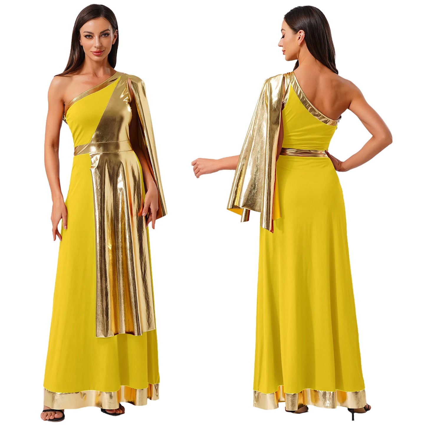 Vestido de Dança Lirica Cristã Feminina Fantasia de Halloween Vestido de Beleza Antiga Grega Romana Cosplay Túnica Tecido Metálico Brilhante Camada Toga
