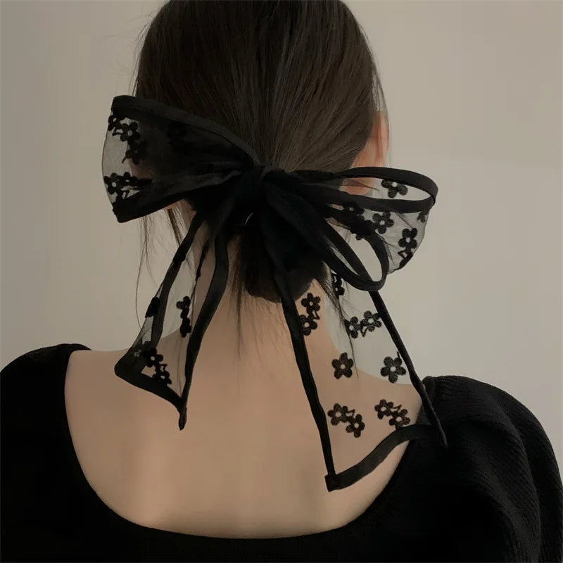 Lenço de Cabelo de Renda Retro Lystrfac Moda Francesa para Mulheres, Faixa de Cabelo com Bordado Preto, Laço Longo, Acessórios Vintage para Cabelo