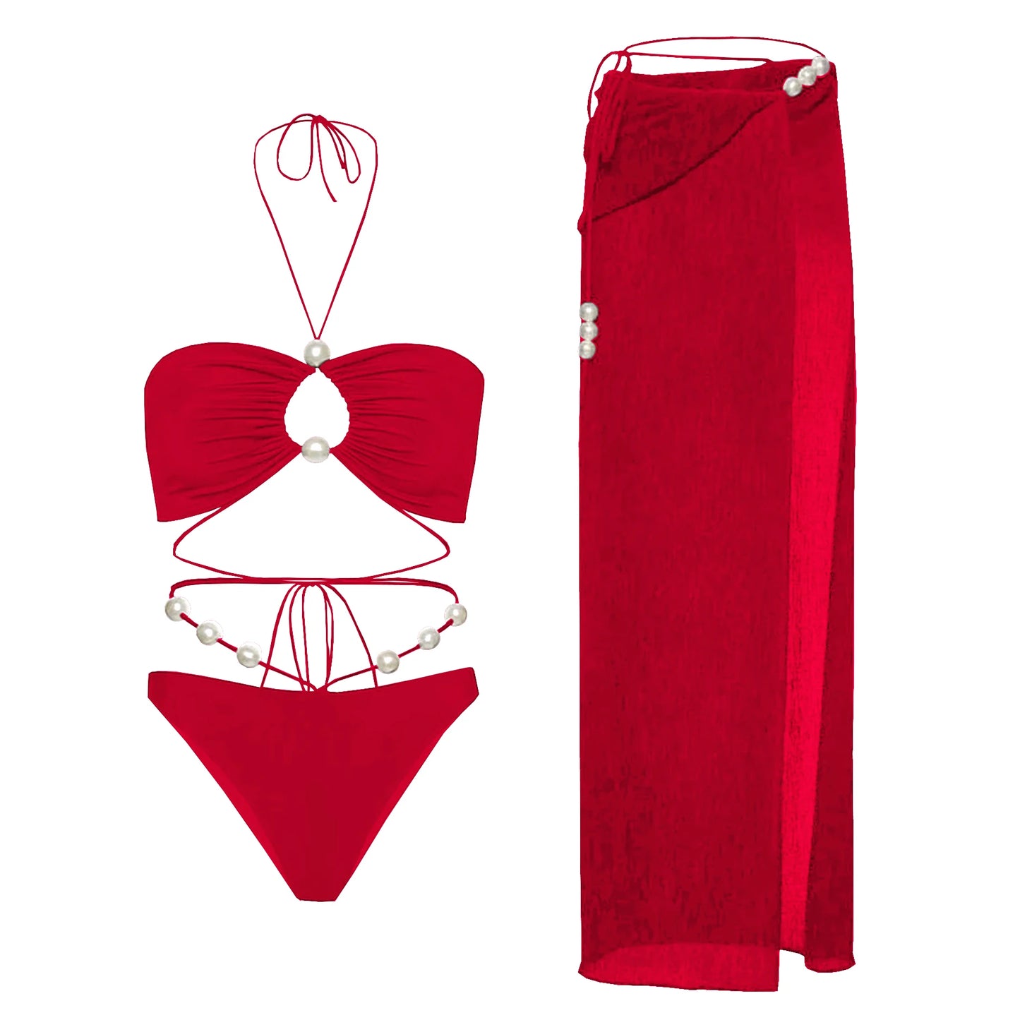 Conjunto de Biquíni Sexy com 3 Peças e Capa, Biquíni Branco com Pérolas, Maiô Feminino Halter, Roupa de Banho com Ombros Descidos, Biquíni para Praia