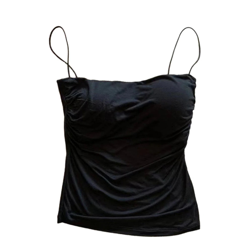 Camisetas Regatas de Verão para Mulheres com Sutiã Embutido, Regatas de Alça Fina, Top Cropped, Tecido Casual de Cor Sólida