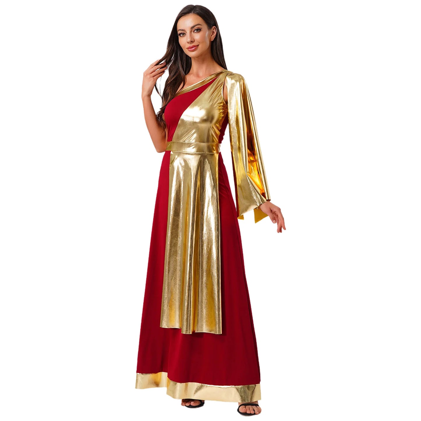 Vestido de Dança Lirica Cristã Feminina Fantasia de Halloween Vestido de Beleza Antiga Grega Romana Cosplay Túnica Tecido Metálico Brilhante Camada Toga