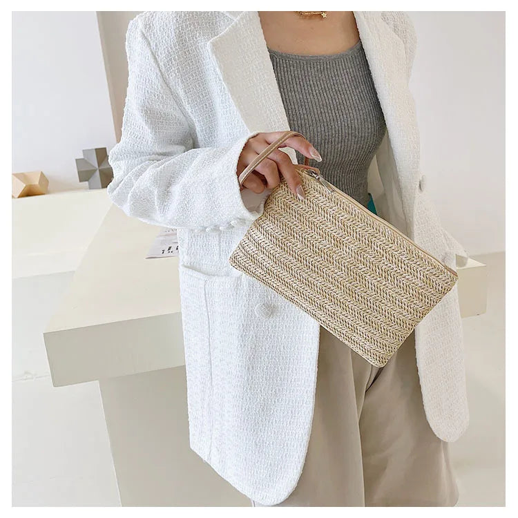 Weaving Bag Fashion Ladies Wristlet Clutch Women Daily Money Phone Clutch Solid Straw Woven Coin Purse Beach Wallet Card Holder