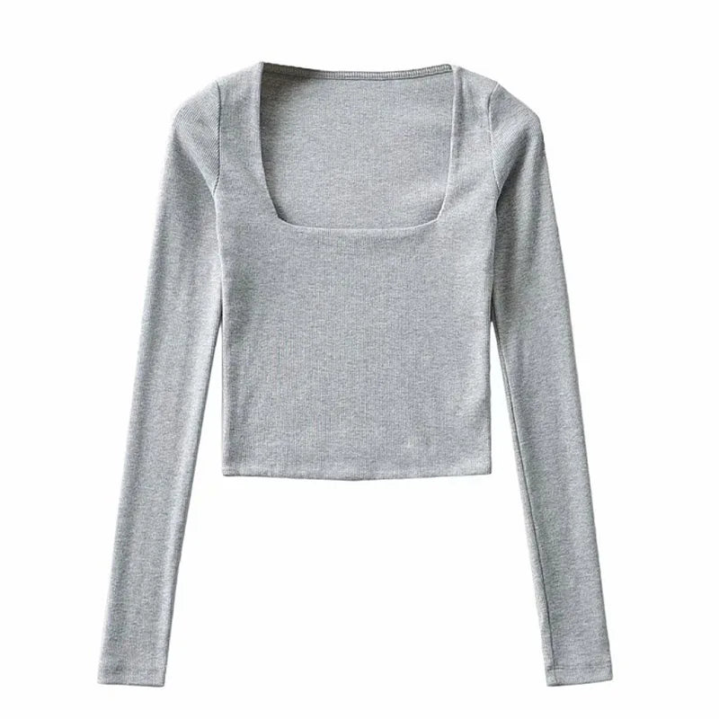 Blusa cropped de decote quadrado com mangas longas e textura canelada para mulheres