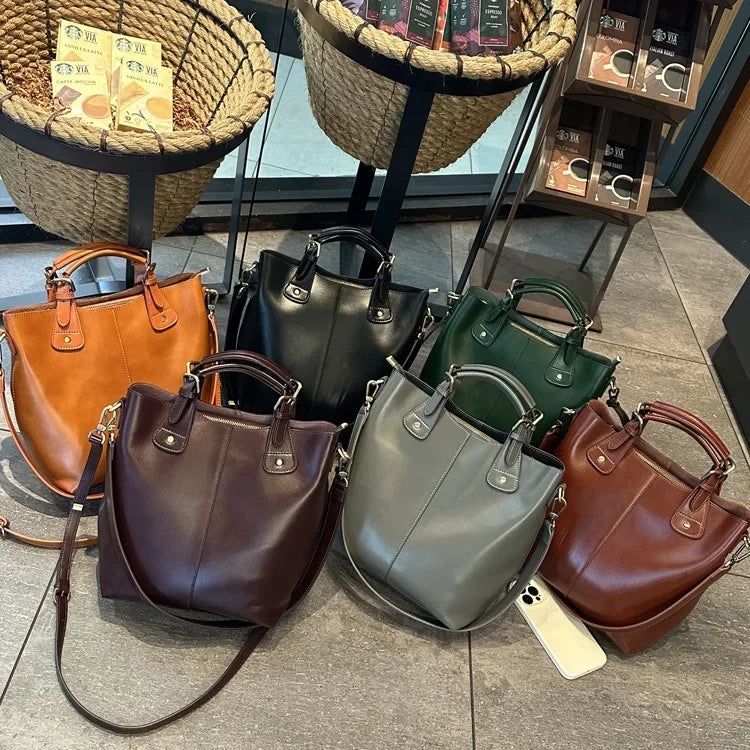 Genuine Leather Women's Tote Bag 2025 New Woman Shoulder Bags Fashion Cowhide Crossbody Bucket Bag Female Handbags 9258