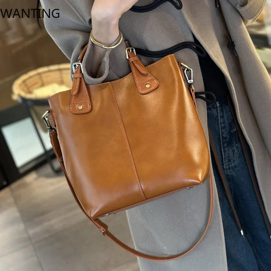 Genuine Leather Women's Tote Bag 2025 New Woman Shoulder Bags Fashion Cowhide Crossbody Bucket Bag Female Handbags 9258
