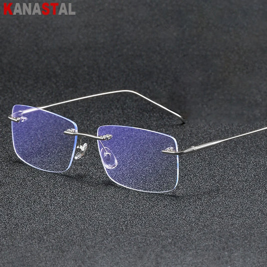 Óculos de leitura sem aro para homens, azul, com proteção contra luz azul, armação de metal, óculos de computador, lentes ópticas CR39 com receita.
