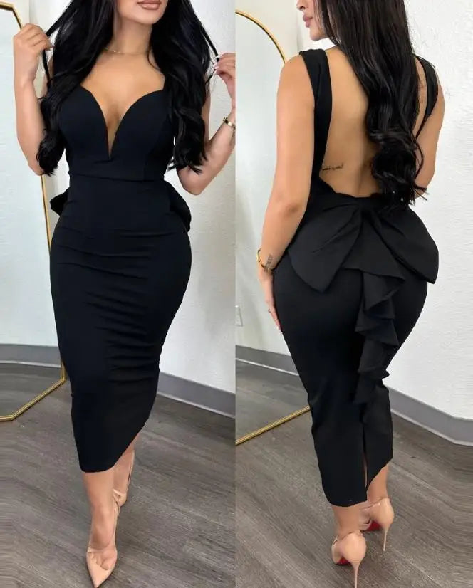 Vestidos Elegantes para Mulheres Vestido de Festa Sem Costas com Decote Sexy e Barra de Renda Moda Casual Primavera Verão Outono 2023