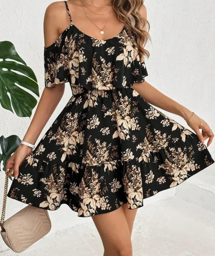 Elegante Vestido Mini com Decote Halter para Mulheres, Cintura com Laço, Saia Plissada, Mangas Curtas e Decote V em Moda Feminina.