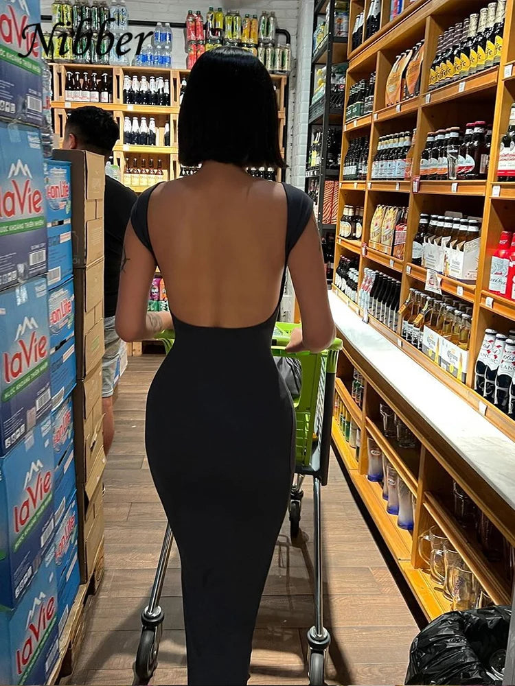 Vestido Maxi Nibber Sólido Sexy Sem Costas para Mulheres - Elegante, Elástico, Slim, Manga Curta, Vestidos Longos, Bodycon Feminino, Roupas de Streetwear