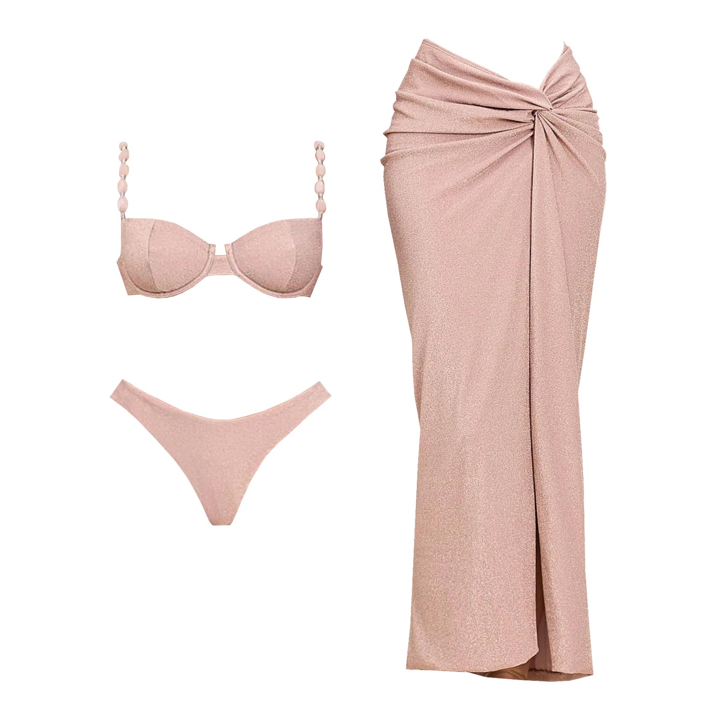 Conjunto de 3 peças de maiô push up com saia longa, sexy, moda feminina, biquíni com decote em V, macacão brilhante, roupa de banho e cobertor de praia.
