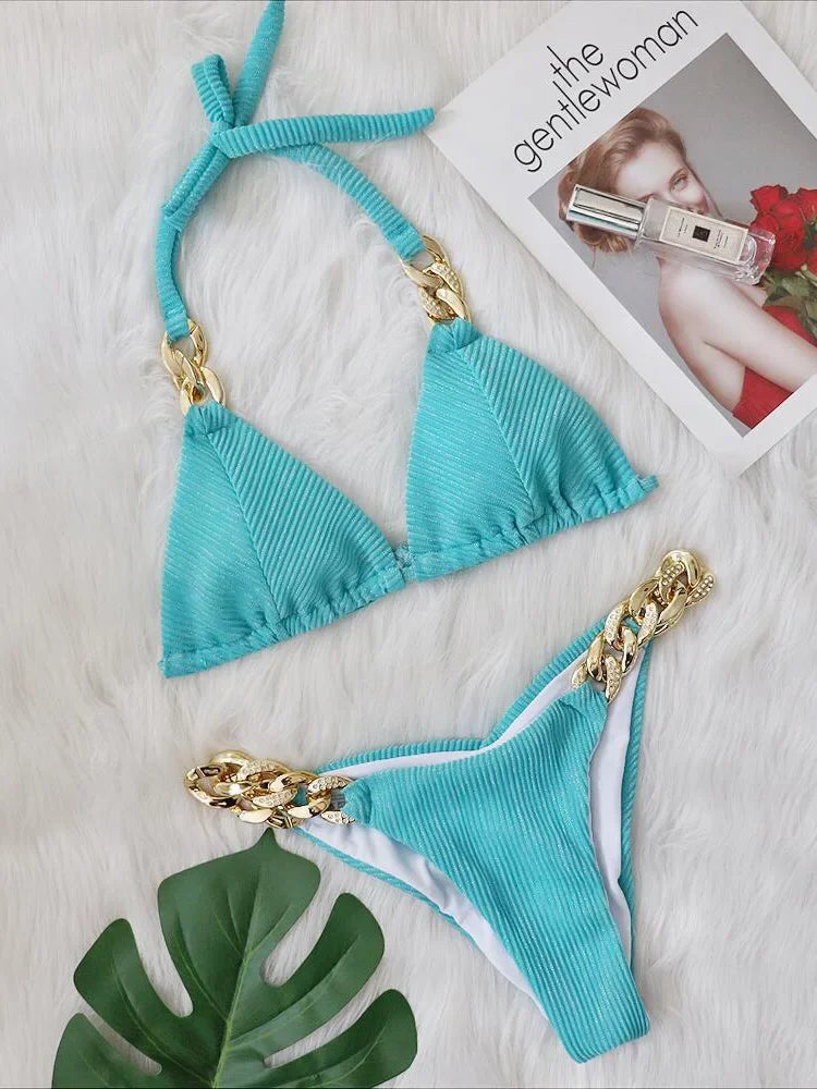 Biquíni de Cadeia de Halter com Diamante de Strass para Mulheres, Roupa de Banho Feminina, Conjunto de Biquíni com Duas Peças, Roupa de Banho Brasileira