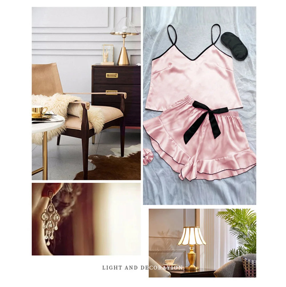 Pijamas femininos de satin lisos com camiseta em V, bordas com babados e shorts com laço. Conjunto de pijamas simples e respirável para casa.