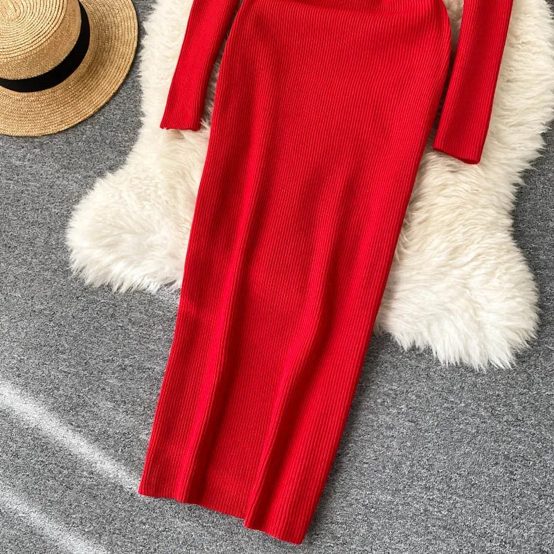 Vestidos para mulheres 2026 vestido justo sem alças em tricô canelado sexy, vestido de suéter midi de manga longa para o inverno