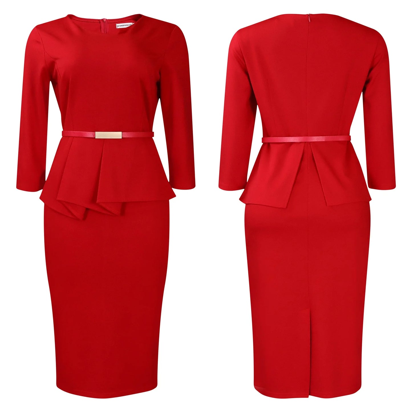 Vestido Formal para o Trabalho Feminino com Gola Assimétrica, Mangas Três Quartos, Cintura com Cinto, Silhueta Justa com Pacote de Quadris até a Panturrilha