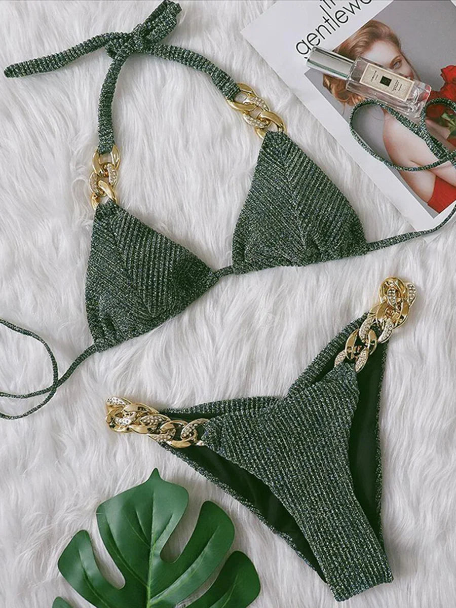 Biquíni de Cadeia de Halter com Diamante de Strass para Mulheres, Roupa de Banho Feminina, Conjunto de Biquíni com Duas Peças, Roupa de Banho Brasileira