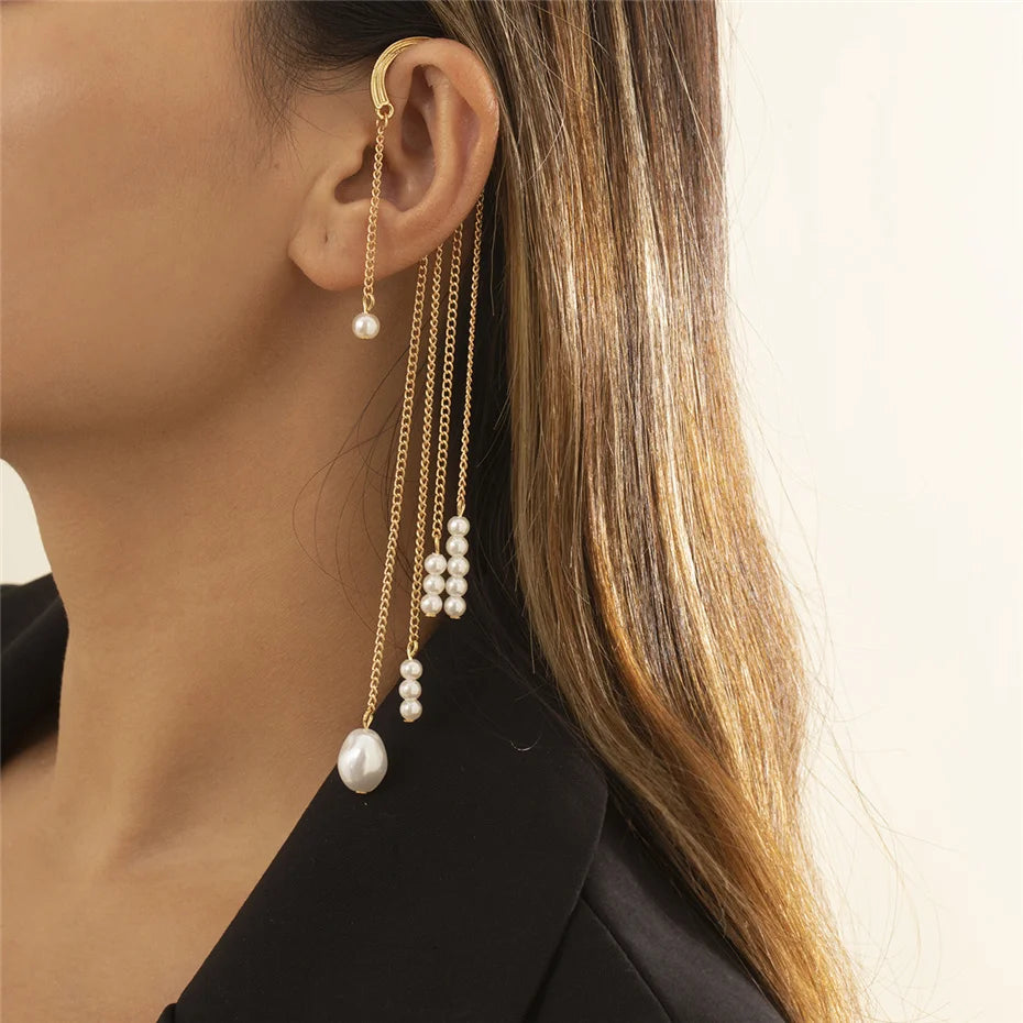Brinco de Clip Geométrico com Pérolas Imitadas Ingemark Long Tassel Sem Perfurar Para Orelha Cuff Cartilagem Elegante Feminino Joia