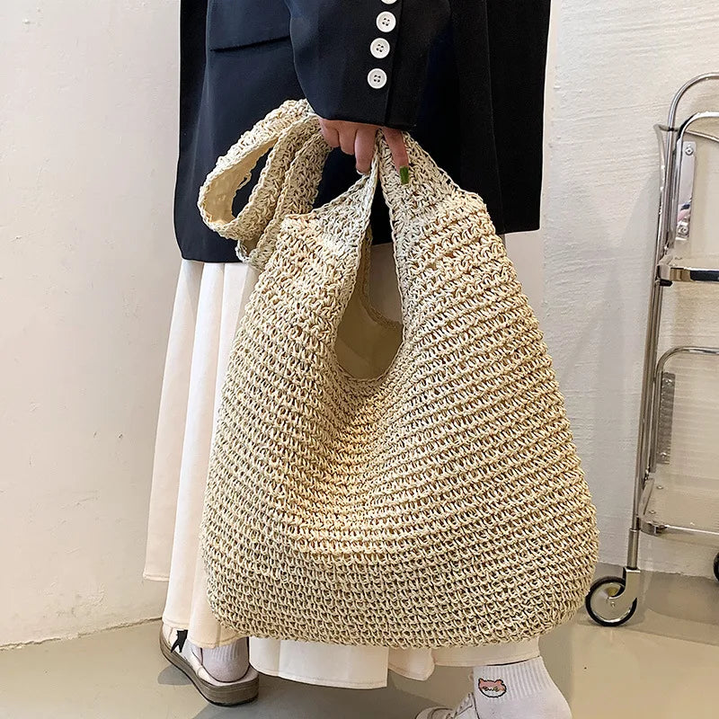 Women Beach Vintage Handmade Woven Shoulder Bag Raffia Rattan Shopping Bags Bohemian Ladies Summer Travel Vacation Casual Totes