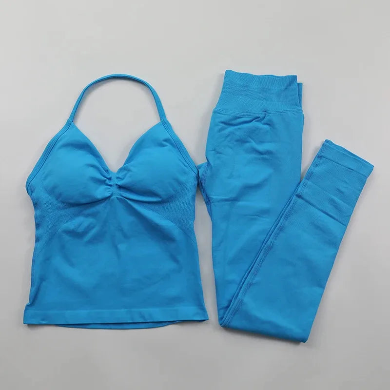 Conjunto de Leggings Impact para Mulheres Conjunto de Yoga Sem Costura Roupa de Fitness Legging com Bumbum Definido Top de Tanque Almofadado Conjuntos de Treino Roupas Esportivas