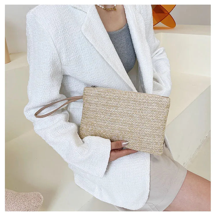 Weaving Bag Fashion Ladies Wristlet Clutch Women Daily Money Phone Clutch Solid Straw Woven Coin Purse Beach Wallet Card Holder
