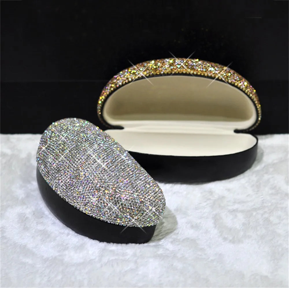 Estojo de Óculos de Luxo com Glitter de Diamante, Caixa para Óculos de Sol com Strass Brilhante, Organizador de Mesa de Cristal e Container de Armazenagem