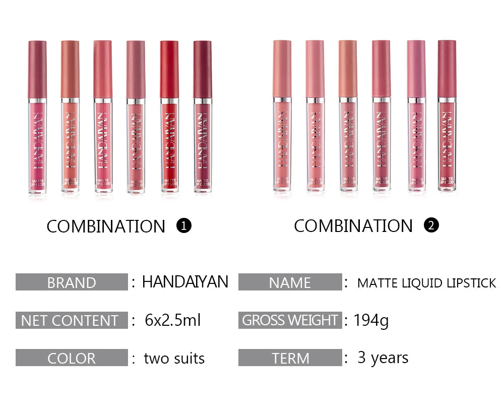 Conjunto HANDAIYAN com 6 Batons Líquidos Não Grudentos, Caixa de Presente de Brilho Labial de Longa Duração – Brilho Labial com Acabamento Fosco, Resistente ao Desgaste