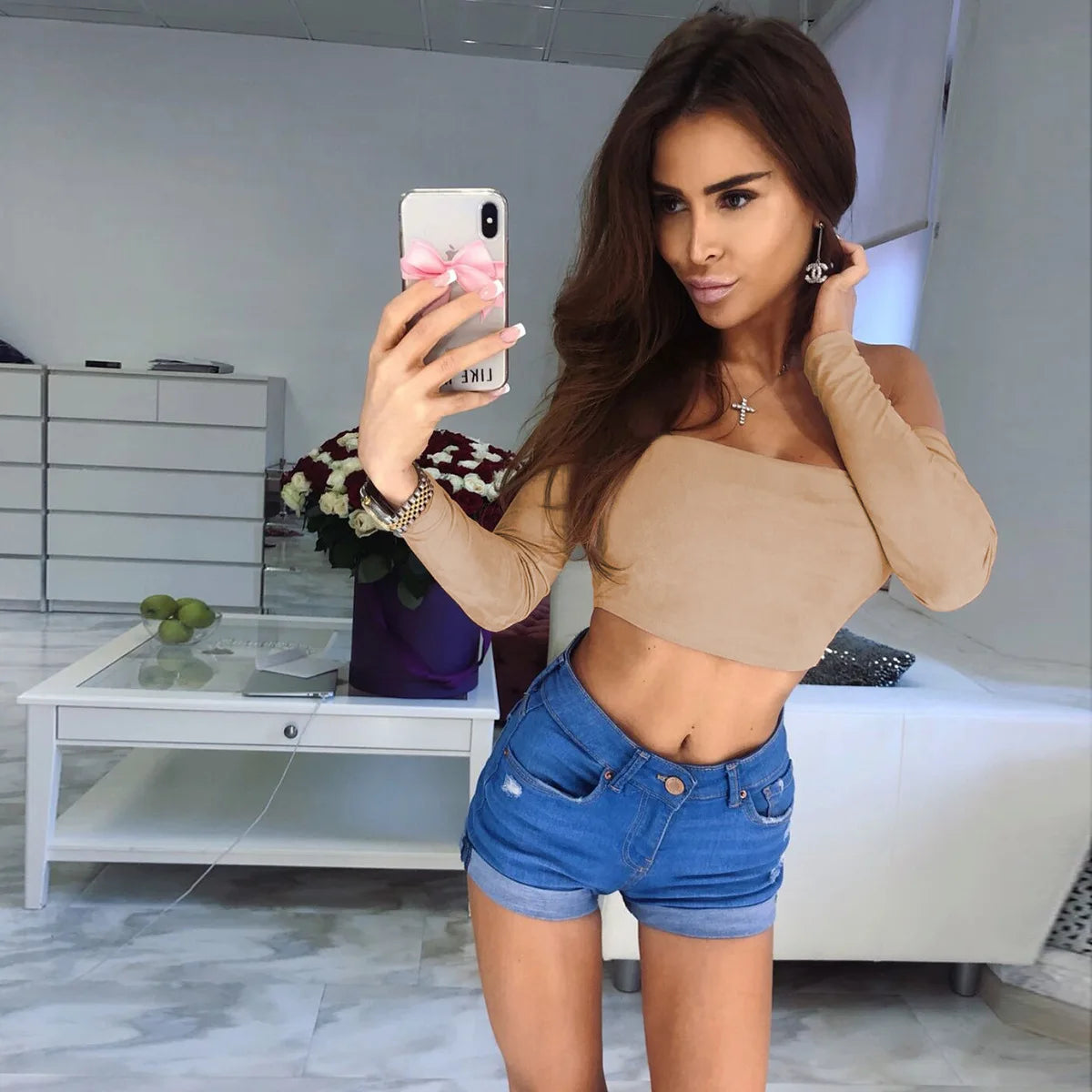 Camiseta Sexy Off Shoulder Com Decote, Barriga à Mostra, Manga Longa, Camiseta Feminina, Blusas para Ladies, Camisetas Mujer