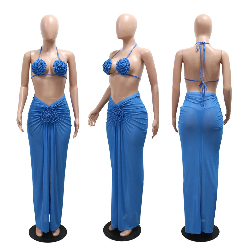 Conjunto novo de 3 peças DEAT Moda Maiô Halter Costas Descobertas Para Mulheres Praia Férias Bikini com Laço Flor 3D Feminino 33A4132