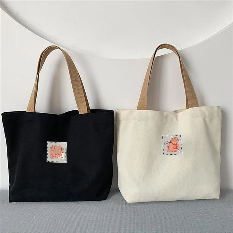 Moo Deng Fashion Canvas Women's Handbag Cute Travel Picnic Food Bag Lunch Bag