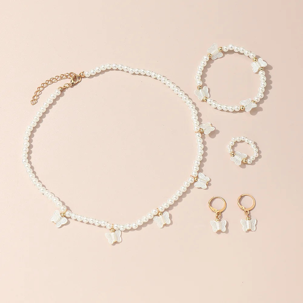 Joias de Pérolas Altas Francesas para Crianças - Conjunto Luxuoso Leve com Design de Nicho: Colar, Pulseira, Anel e Brincos