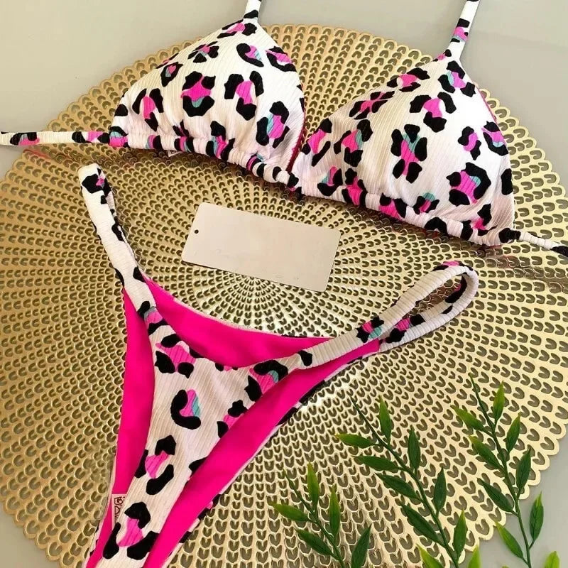 Novo Biquíni Feminino Sunga de Praia Férias Roupa de Banho Conjunto de Biquíni Estampado de Leopardo Roupa de Praia Sunga Biquíni