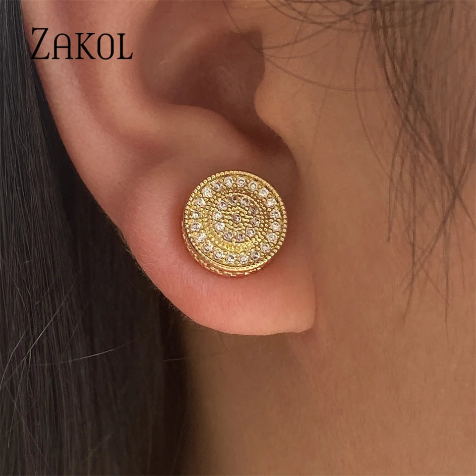 Brincos de Stud Zirconia Micro em Inlay Redondo ZAKOL Exquisito para Mulheres, Joias de Festa de Casamento com Geometria Completa de CZ