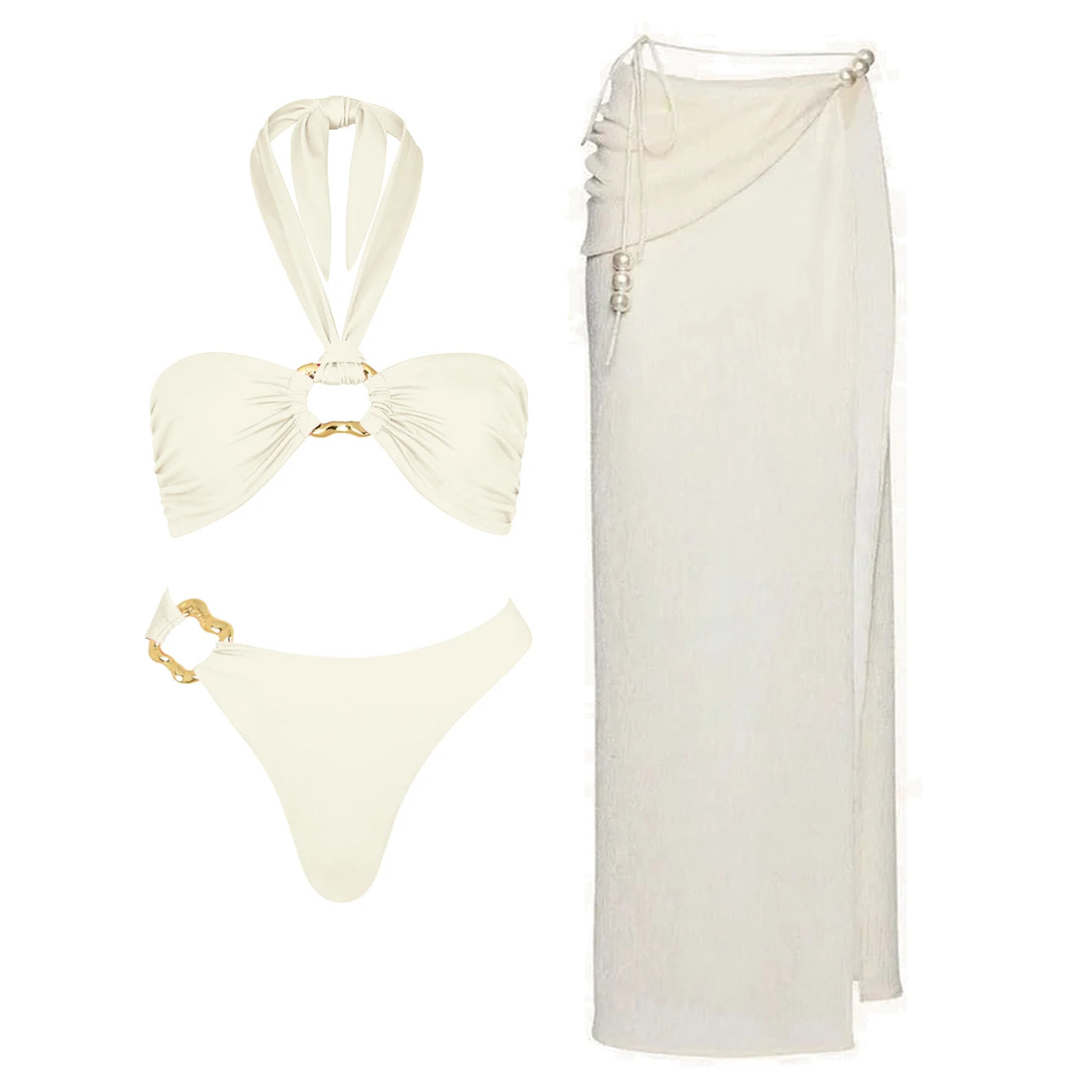 Conjunto de Biquíni Sexy com 3 Peças e Capa, Biquíni Branco com Pérolas, Maiô Feminino Halter, Roupa de Banho com Ombros Descidos, Biquíni para Praia