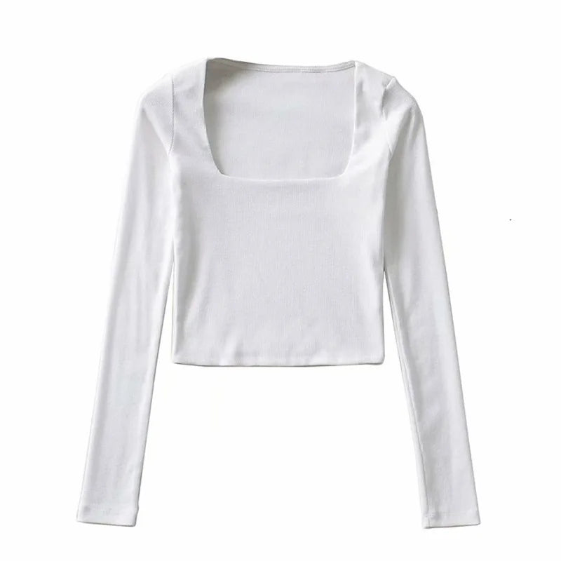 Blusa cropped de decote quadrado com mangas longas e textura canelada para mulheres