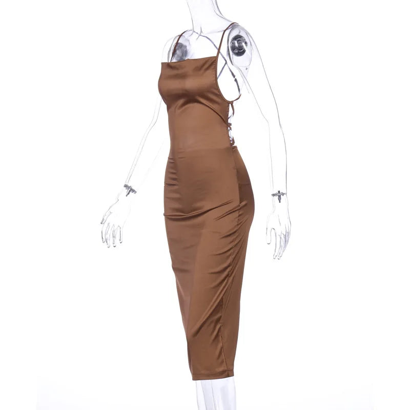 Vestido Midi Longo de Renda Cetim Neon Rosa Claro com Amarração nas Costas, Elegante, Sexy para Festas e Clubes, Roupas de Jantar de Verão 2022