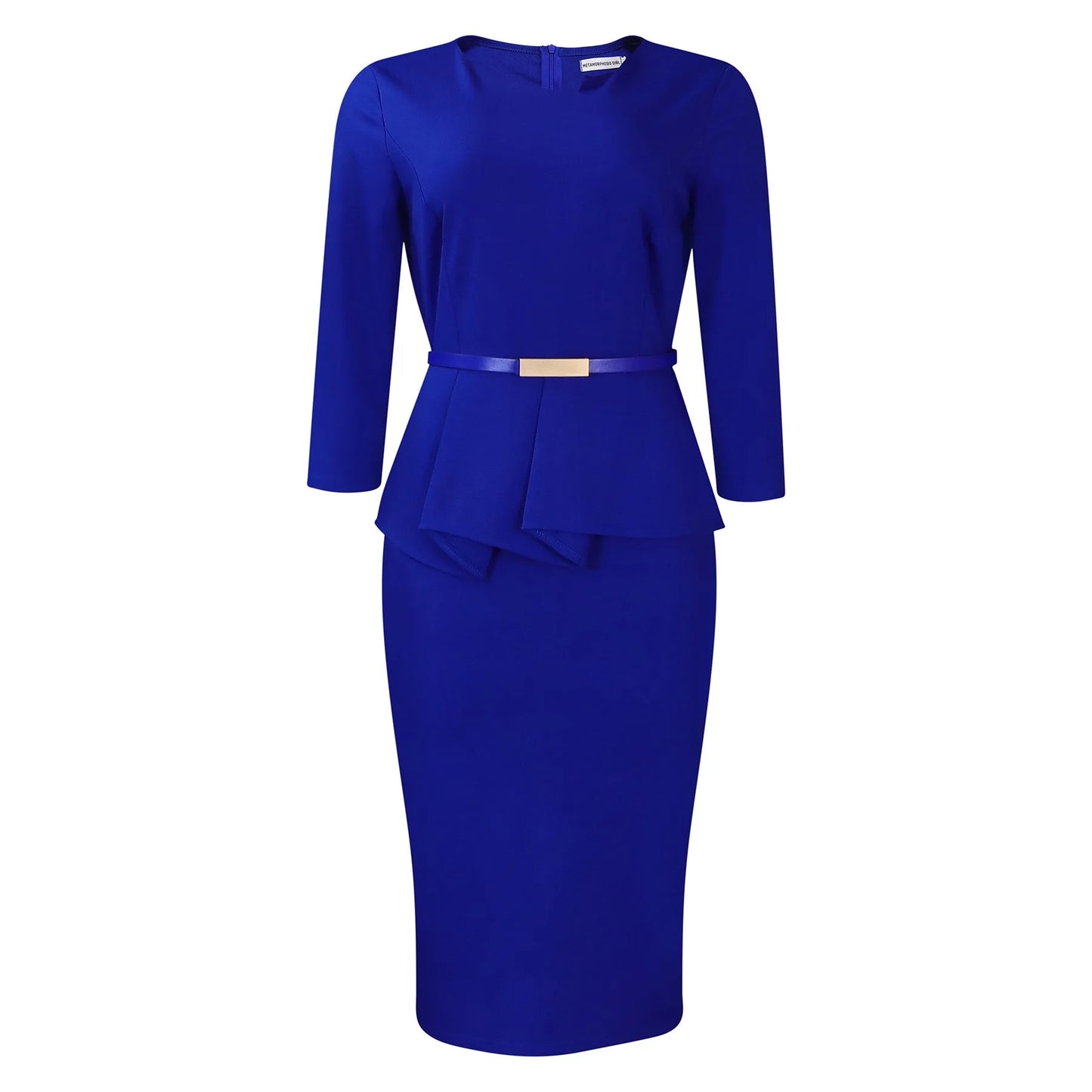 Vestido Formal para o Trabalho Feminino com Gola Assimétrica, Mangas Três Quartos, Cintura com Cinto, Silhueta Justa com Pacote de Quadris até a Panturrilha