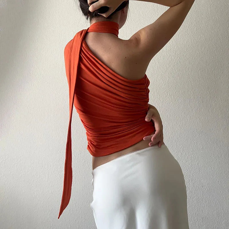 Top Crop Sem Costas Sexy Off Shoulder Halter para Mulheres, Vintage, Sem Mangas, Roupas Y2K para Clubes, Casual Feminino Verão 2024