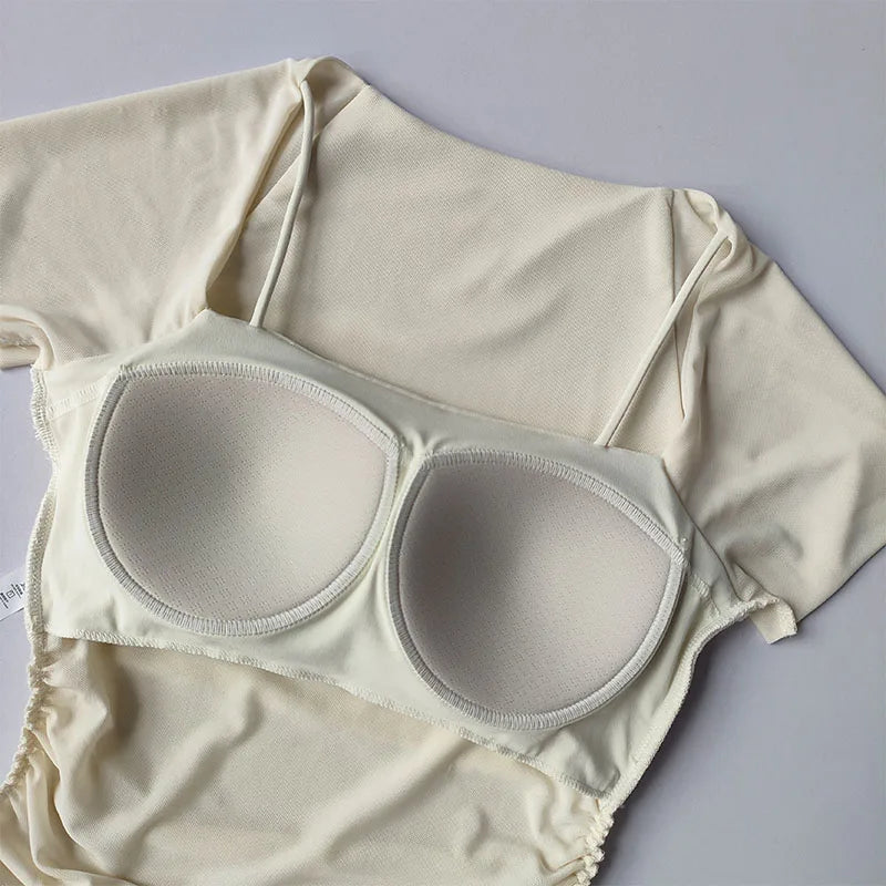 Vestido de Yoga Fake de Duas Peças de Verão com Almofada de Peito Fixa para Esportes, Manga Curta, Usando Top de Corrida e Fitness
