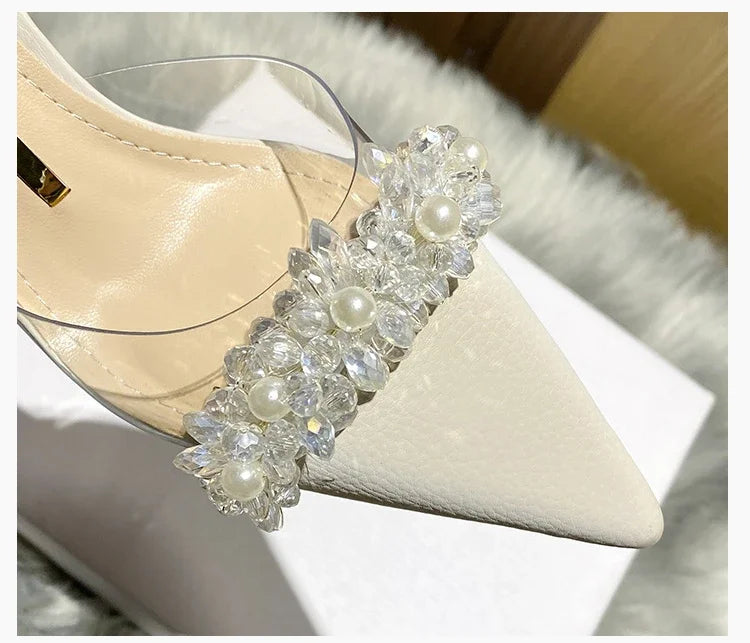 Sandálias de Verão para Mulheres Baotou 2024 Novas Sandálias de Salto Alto Fino Transparente de Bico Fino com Cristais Zapatillas Mujer