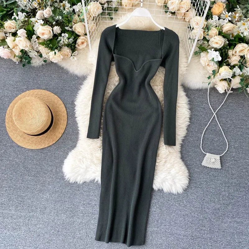 Vestidos para mulheres 2026 vestido justo sem alças em tricô canelado sexy, vestido de suéter midi de manga longa para o inverno