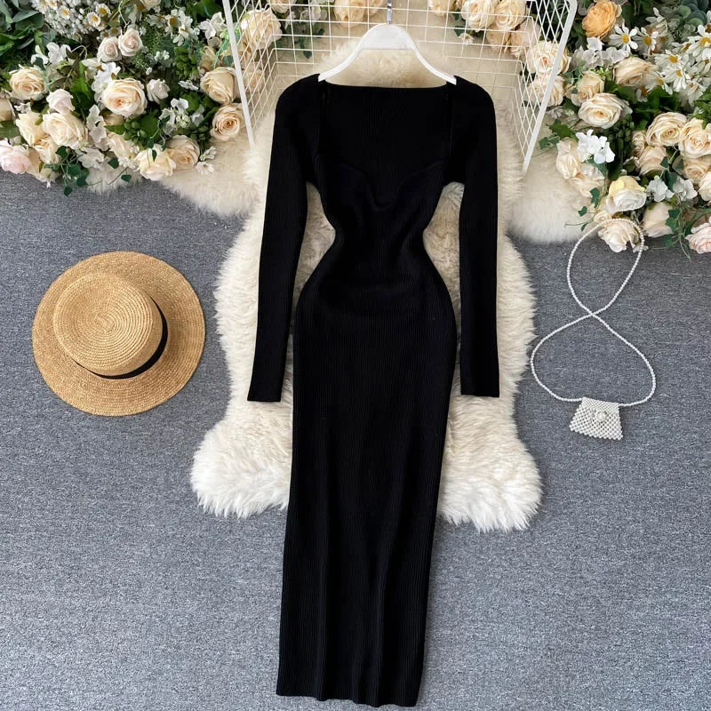 Vestidos para mulheres 2026 vestido justo sem alças em tricô canelado sexy, vestido de suéter midi de manga longa para o inverno