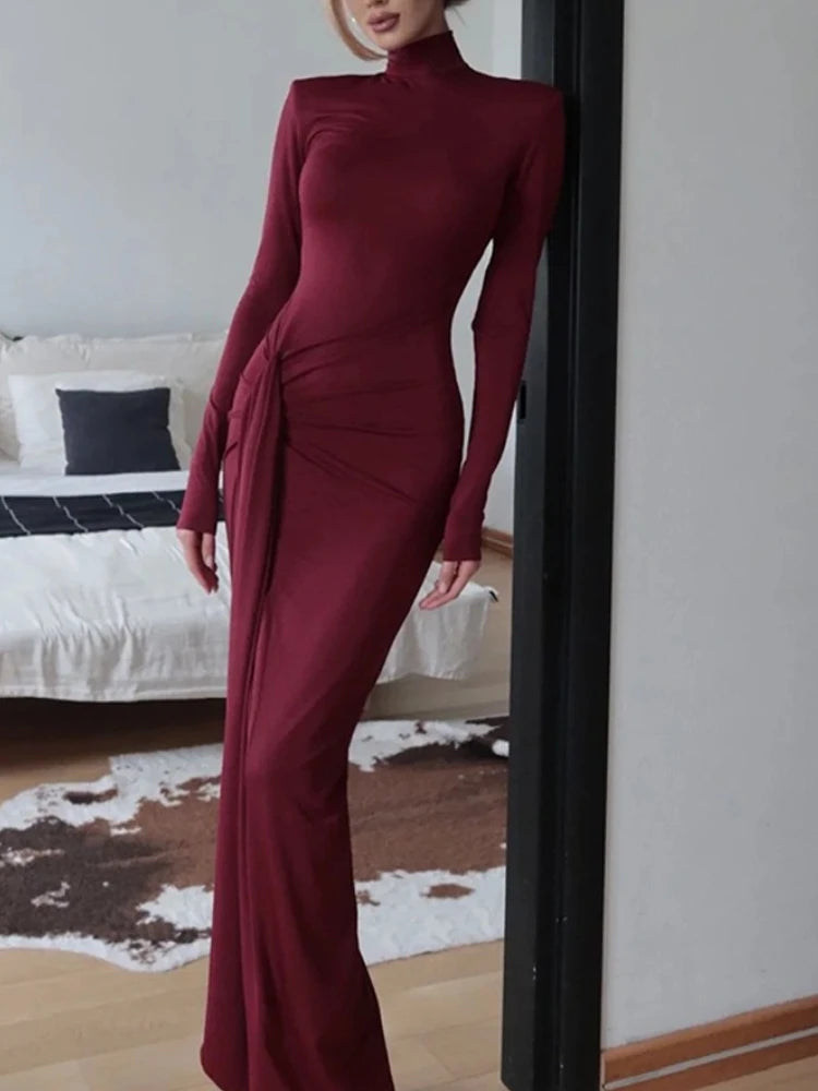 Vestidos Femininos Moda Outono e Inverno Vestido Sólido de Cor com Gola Alta, Manga Longa e Cinto na Cintura, Longo para Festas